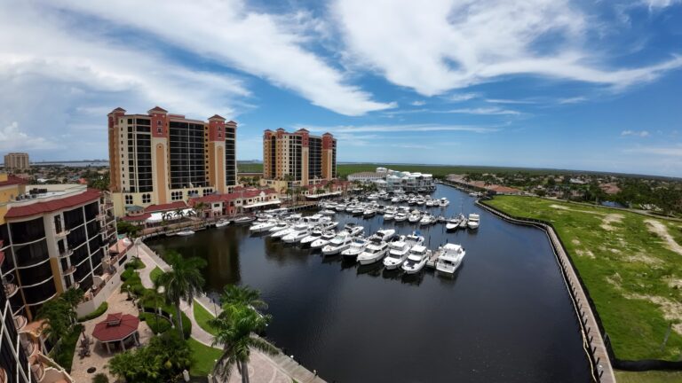 Aerial view of Cape Harbour marina and waterfront condo towers in Cape Coral, Florida