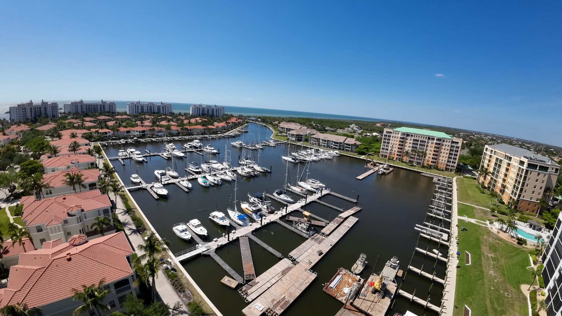 High aerial of the North Basin marina renovation in Punta Gorda, April 2026