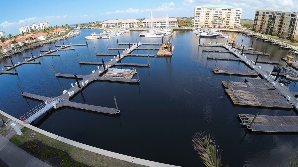 North Basin at Safe Harbor Burnt Store in March 2026 with old dock sections removed