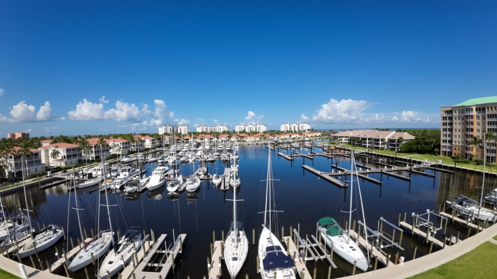 Panoramic drone view of Safe Harbor Burnt Store marina full of sailboats